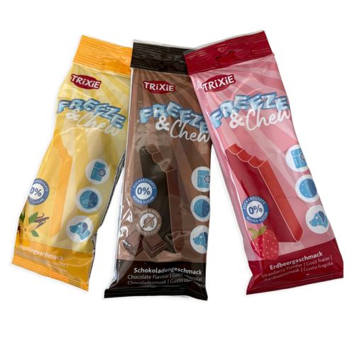 Freeze & Chew Bar - "zamraz a žvýkej", pamlsek pro psy 65 g, čoko/vanilka/jahoda - LIMITOVANÁ