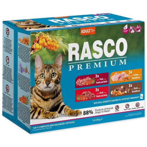 Kapsičky RASCO Premium Cat Pouch Adult - 3x beef, 3x veal, 3x turkey, 3x duck