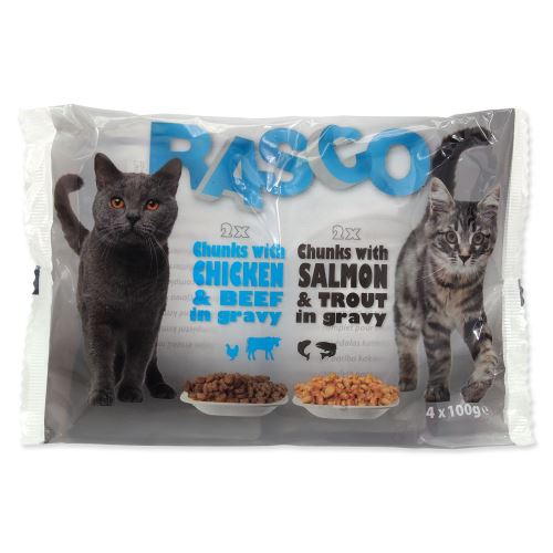 Kapsičky RASCO Cat s lososem a pstruhem/s kuřecím a hovězím 4x100g